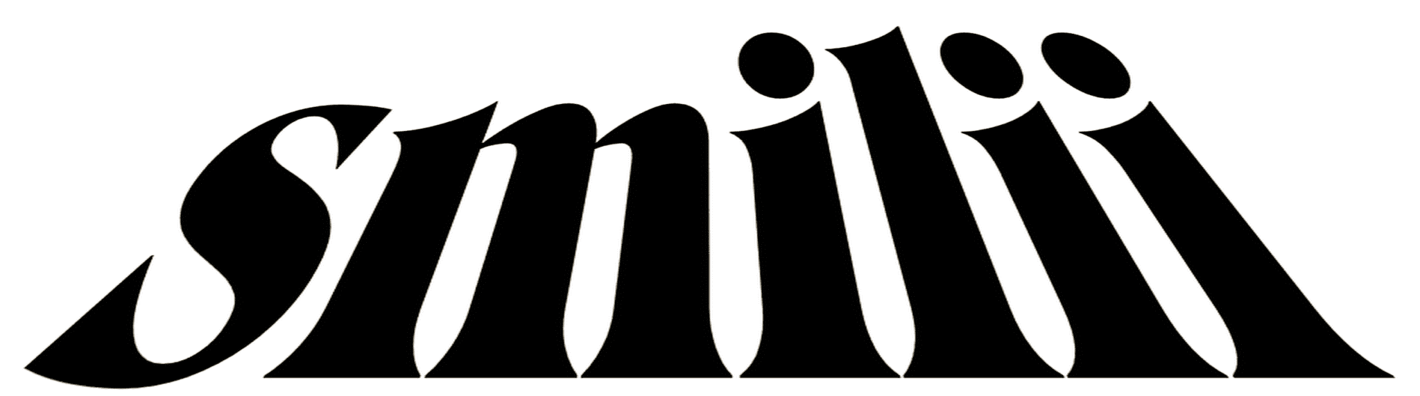 Black stylized text logo with the word "smili" where the letters resemble smiling people, set against a green background.